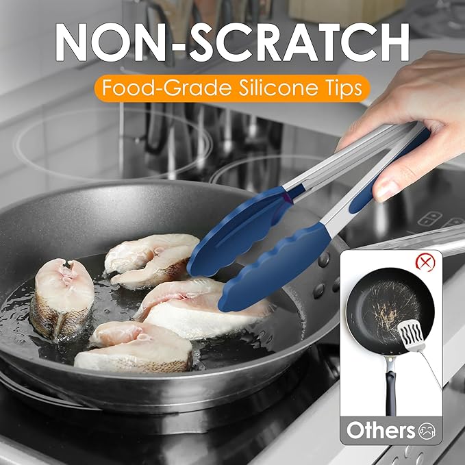 HOTEC Premium Stainless Steel Locking Kitchen Tongs with Silicon Tips, Set of 3-7", 9" and 12" (Classic Blue)