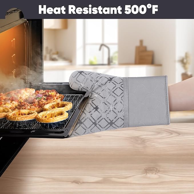 Oven Mitts and Pot Holders Set with Dishcloths, 500 Degree Heat Resistant Oven Gloves and Hot Pads, Premium Soft Cotton Kitchen Mittens and Dish Cloth Sets-Grey