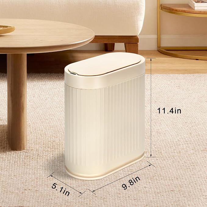 ELPHECO Bathroom Trash Can with Lid,Slim Smart Garbage Can 2 Gallon Beige | Plastic Wastebasket, Narrow Garbage Bin, Waterproof Bathroom Decor for Bedroom