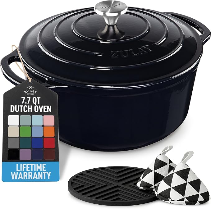 Zulay Kitchen 7.7 Quart Enameled Cast Iron Dutch Oven Pot with Lid – Premium Durability & Oven Safe up to 500°F – Heavy Duty Cookware Perfect for Bread Baking, Stews, Braising & Roasting – Black