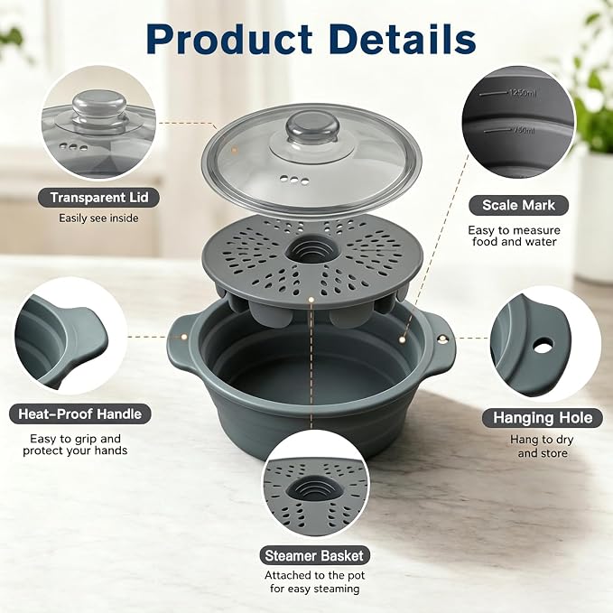 42oz Silicone Microwave Food Steamer with Steam Basket, Collapsible Steamer for Cooking Vegetable, Seafood, Dumplings, Rice Cooker, BPA Free Small Steam Pot with Handle & Lid, Dishwasher Safe (Grey)