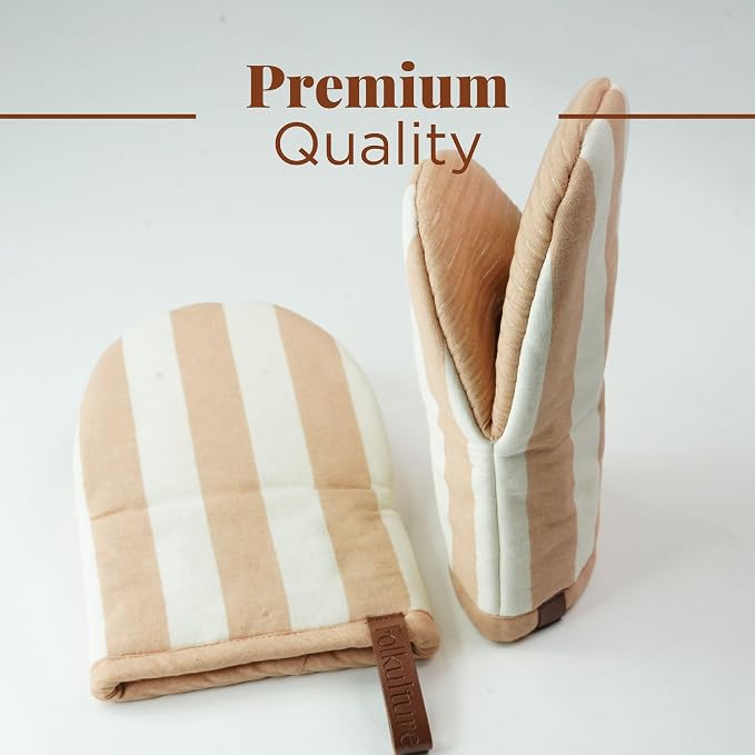 Folkulture Oven Mitts, Striped Cream, Set of 2, Heat Resistant - (5.75"x9") | 100% Cotton, Non Slip, Silicone, Cute Striped Mini Mits with Hanging Loop, Kitchen Décor, Cooking Gifts, New Home Essentials