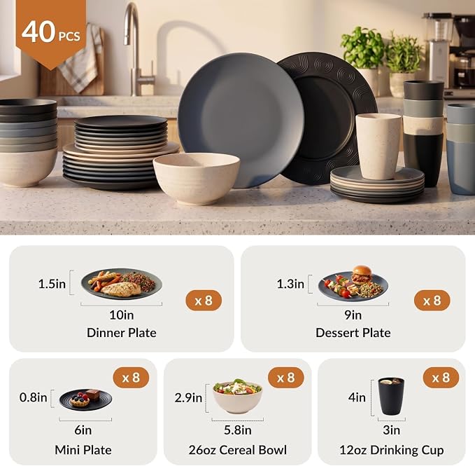 40 PCS Wheat Straw Dinnerware Sets Dishes Set for 8 Unbreakable Plates and Bowls Sets for Kitchen Dishwasher and Microwave Safe Plate Set Camping, Apartment, Kids-Grey Stone