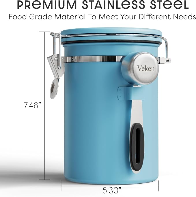 Veken Coffee Canister with Window, Airtight Stainless Steel Container,Date Tracker, Kitchen Food Storage Jars for Beans, Ground, Espresso, Rice,Tea, Sugar, Cereal, Gifts, Scoop, Blue, 22OZ (Pack of 2)