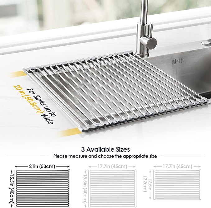 Tomorotec Roll Up Dish Drying Rack Over Sink, 304 Steel, 21x15.5, Marble | Anti-Slip Silicone Rims For Grip, Heat-Resistant Trivet Mat Holding Heavy Cookware, Rustproof Kitchen Counter Space Saver