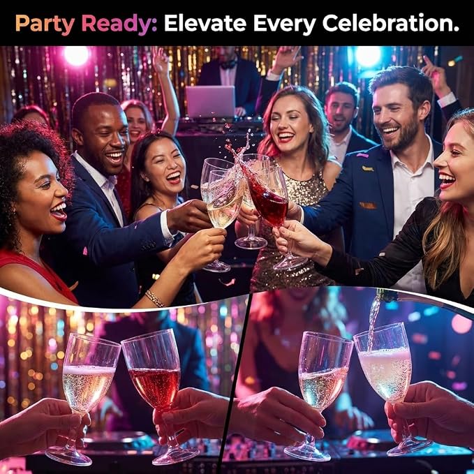 7 Oz Clear Disposable Plastic Wine Glasses (24-Pack) BPA-Free Stemmed Cups | Reusable Party Wine Cups for Outdoor Parties, Weddings, Toasts, Drinks, Catering, Receptions, Celebrations & Special Events