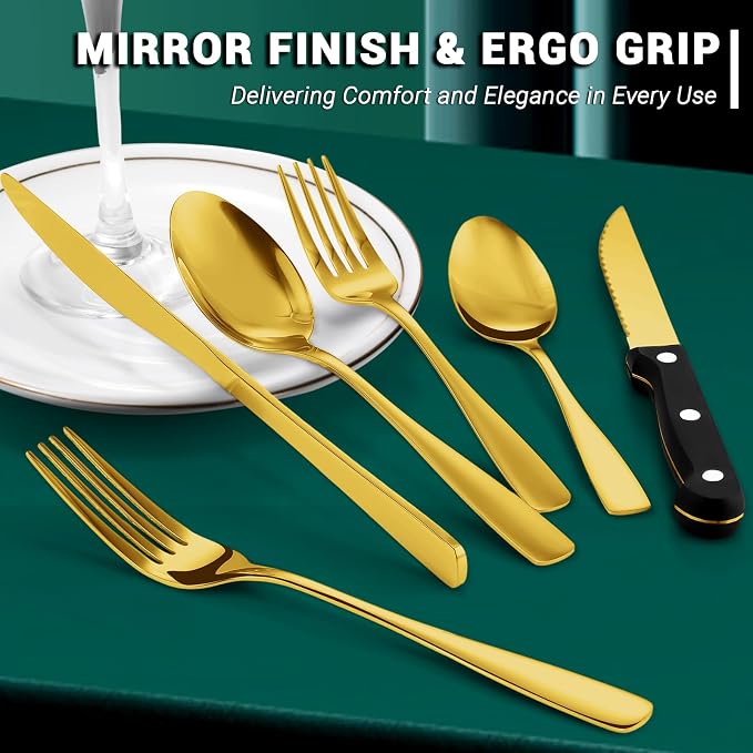 BEWOS 48-Pieces Gold Silverware Set for 8 - Stainless Steel Flatware Set with Mirror Polish, Silverware Sets Including Steak Knives, Forks and Spoons, Dishwasher Safe for Restaurant