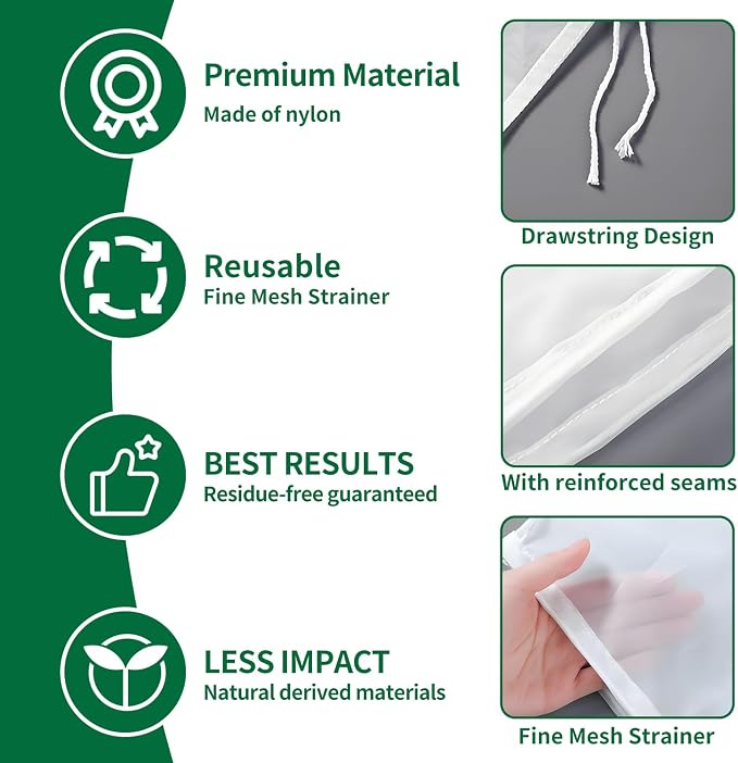 3PCS Cheese Cloth Bag for Straining, 200-Mesh 12 x 12 Inches Nylon Nut Milk Bag, Food Grade Nut Milk Bag Reusable, Cheese Cloth Bags for Juice, Nut Milk, Coffee & Cheese - Kitchen Goodies