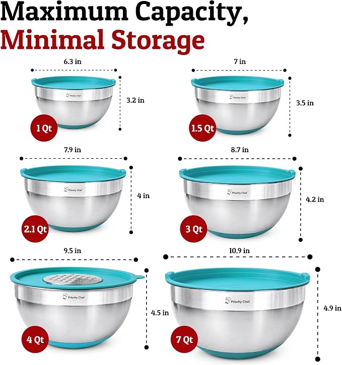 Stainless Steel Mixing Bowls with Lids Set - Premium 30Pcs with 6pc Metal Bowl Set for Kitchen, 3 Graters, Airtight Lids, Non-Slip Bases & Silicone Utensils, Turquoise