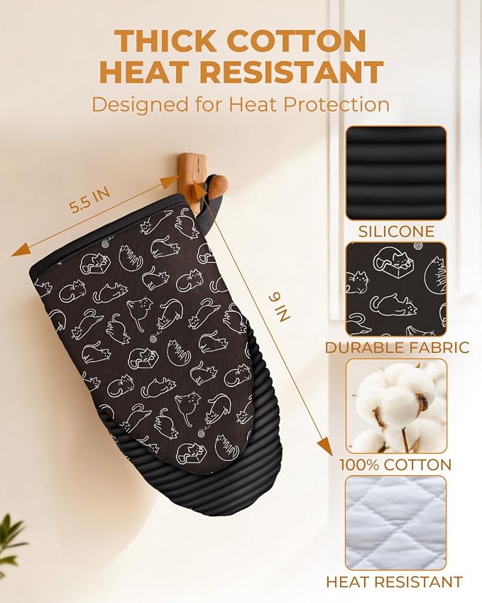 100% Thick Cotton Oven Mitts Ribbed Soft Silicone Cute Cats | Aesthetic Oven Mitts for Women, Machine Washable Non-Slip Kitchen Mitts, Reversible for Both Hands, Stylish Kitchen Decor