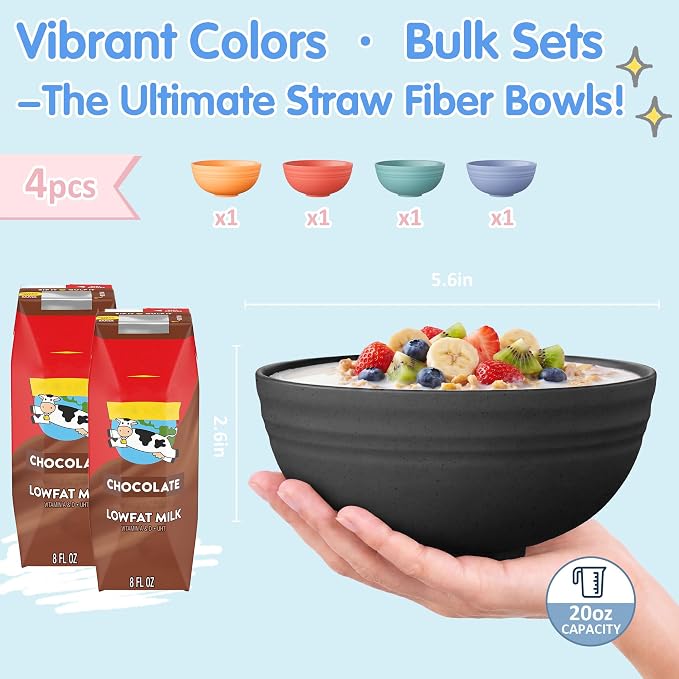 Quatish 4 PCS Unbreakable Cereal Bowls,Dishwasher & Microwave Safe Wheat Straw Bowls, Easy-to-Clean Lightweight Desserts & Soup Bowl, Portable for Picnics ，Snack Plastic Bowls Set,Black