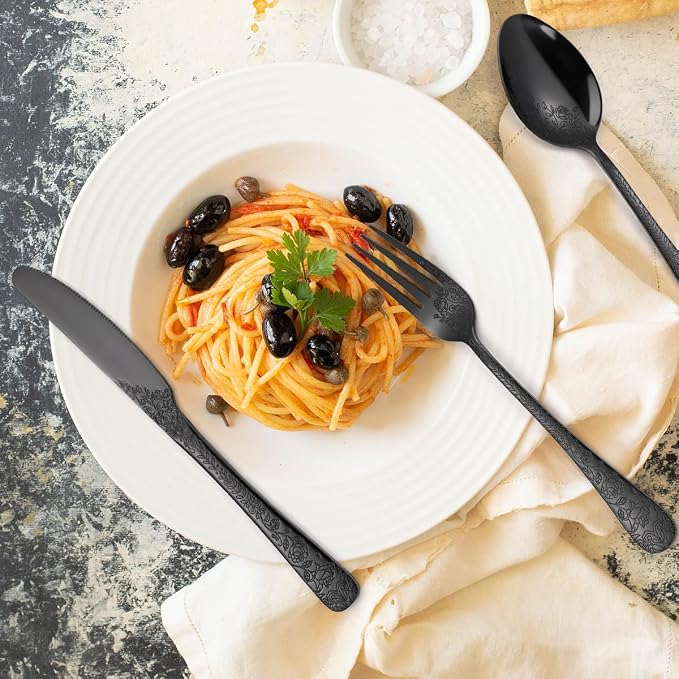 Floral Flatware Set Black for 6 Stainless Steel Silverware 30 Piece Cutlery Unique Eating Utensils Tableware Stylish Fork Spoon Knife With Embossing Rose Flower Handle Festival Parties
