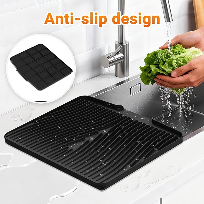 Silicone Dish Drying Mat for Kitchen counter | 15.8"x13" Dish Drainer Mat,Heat-Resistant Kitchen Counter Mat & Over-Sink Drying Tray,Can Be Hung,Black