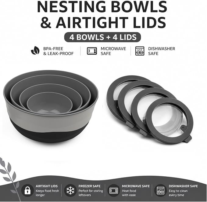 Pera Mixing Bowls with Lids, 8-Piece Airtight Leak-Proof Nesting BPA-Free Prep Bowl Set for Kitchen & Food Storage, Large 4200ml Capacity, Microwave & Dishwasher Safe