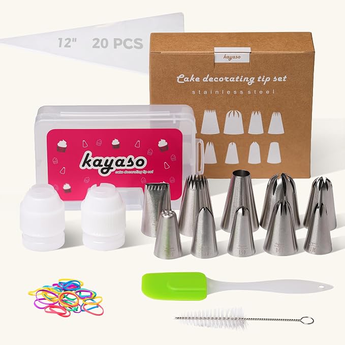 Cake Decorating Icing Piping Tip Set, 10 X-large Decorating Tips Stainless Steel Plus 20 Disposable Pastry Bags