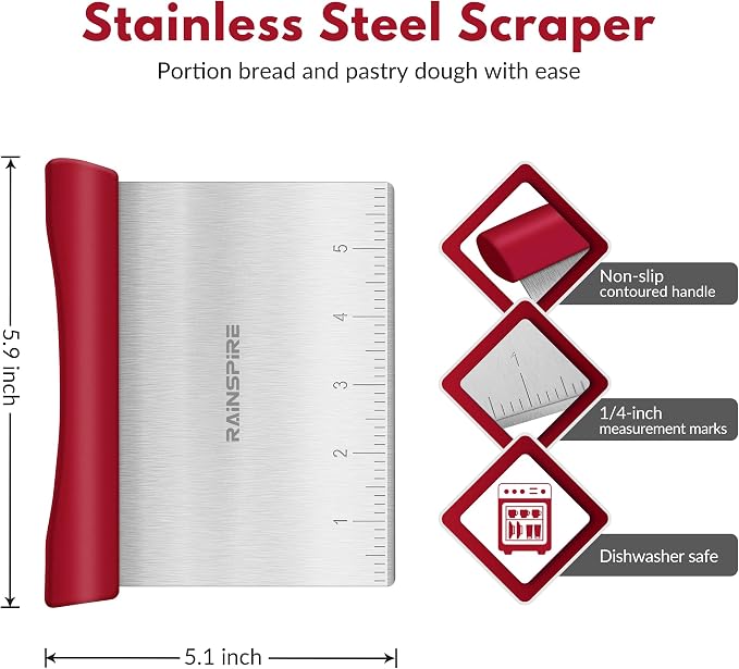 Upgraded 304 Stainless Steel Multi-Purpose Bench Scraper with Measurement Marks, Dishwasher Safe, Dough Cutter for Pizza, Bread and Cookie Dough Vegetable Chopper, Baking Supplies, Red