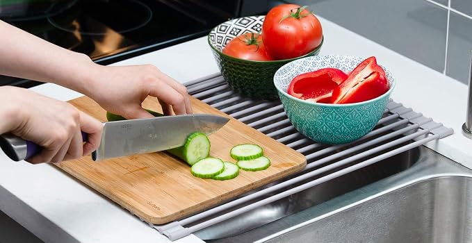 20.5 x 13.1 Inch Roll-Up Dish Drying Rack, Fits Across Sink Openings up to 19.5 Inches, Heavy-Duty Premium Silicone, Strong Support, Non-Slip, Heat-Resistant, Warm Gray