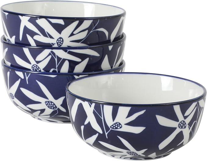 Gibson Home Ivory Estate 4-Piece Cereal Bowl Set, 5.5 Inch Round Stoneware Bowls, Blue & White Floral Pattern, Assorted Decorative Designs