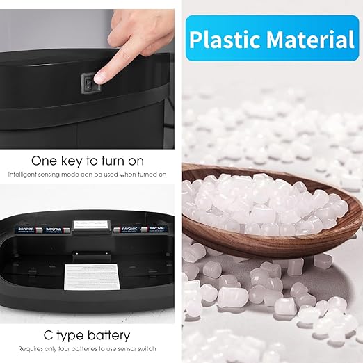 BestOffice | 13 Gallon Plastic Trash Can with Lid | Black | Automatic Touchless Garbage Can | Odor Control | Modern Oval Design | Easy to Clean | For Kitchen, Bathroom, Office or Home