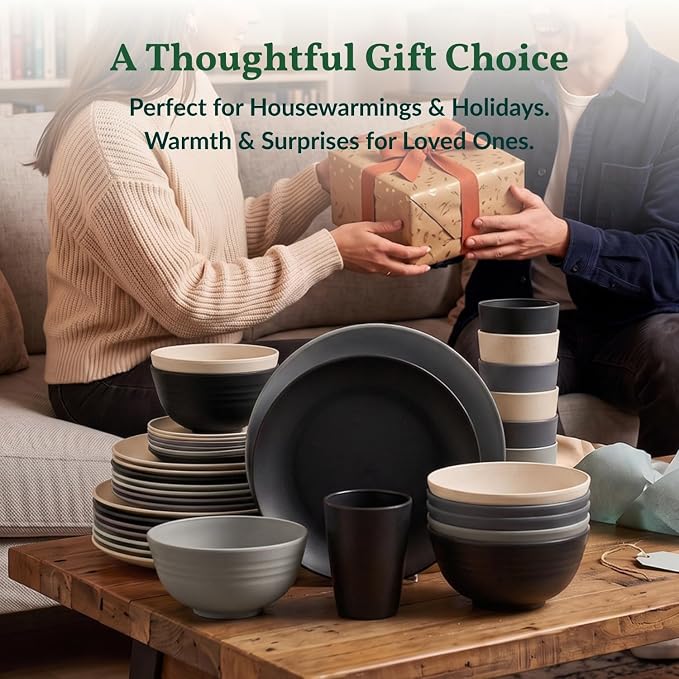 40 PCS Wheat Straw Dinnerware Sets Dishes Set for 8 Unbreakable Plates and Bowls Sets for Kitchen Dishwasher and Microwave Safe Plate Set Camping, Apartment, Kids-Grey Stone