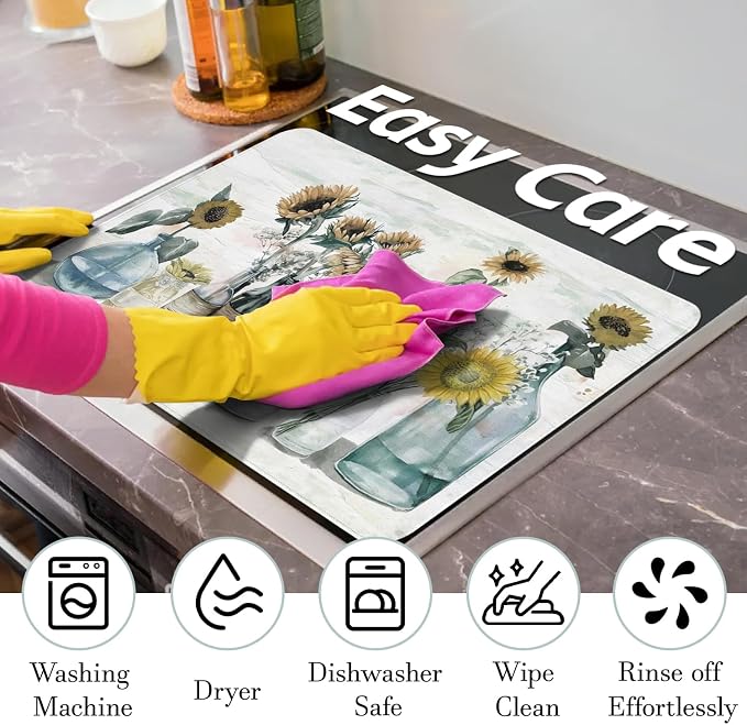 Sunflower Stove Top Cover for Electric Stoves,Spring Summer Floral Colorful Farmhouse Stove Top Cover Heat Resistant Cooktop Protector Non-Slip Washable Dish Drying Mat for Kitchen Decor 28"x20"