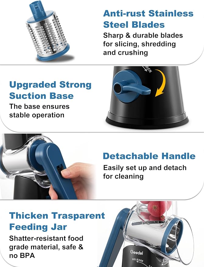 Geedel Rotary Cheese Grater Hand Crank, Cheese Shredder Vegetable Slicer | 5 Blades, 430 Stainless Steel, 12x Fast Cutting, Strong Suction Base, No BPA, Dishwasher Safe, for Cheese, Veggie, Nut
