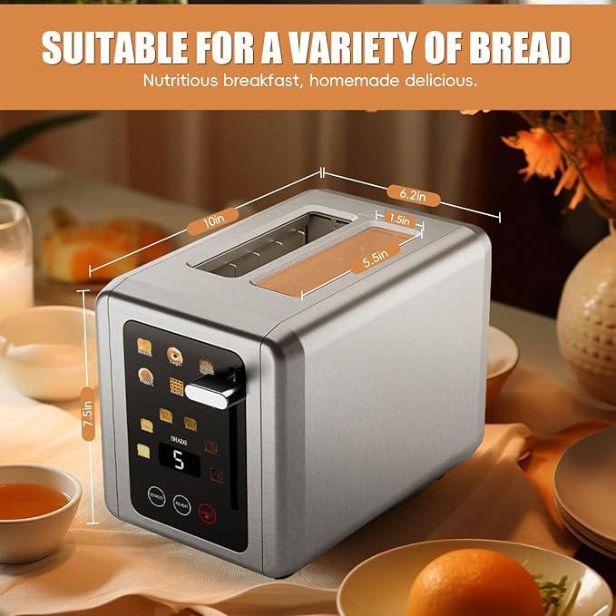 WUNLY 2 Slice Stainless Steel Smart Digital Timer Touch Screen Toaster | 6 Bread Types & 6 Shade Settings,Extra Wide Slots Toaster with Bagel,Defrost & Reheat Functions,Sound Function,Titanium