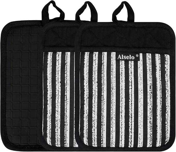 Alselo Silicone Pot Holders Set of 3 Heat Resistant & Non Slip Potholders | Professional Oven Hot Pads with Pockets Mitts for Kitchen Cooking Baking Barbecue (Black, 3)