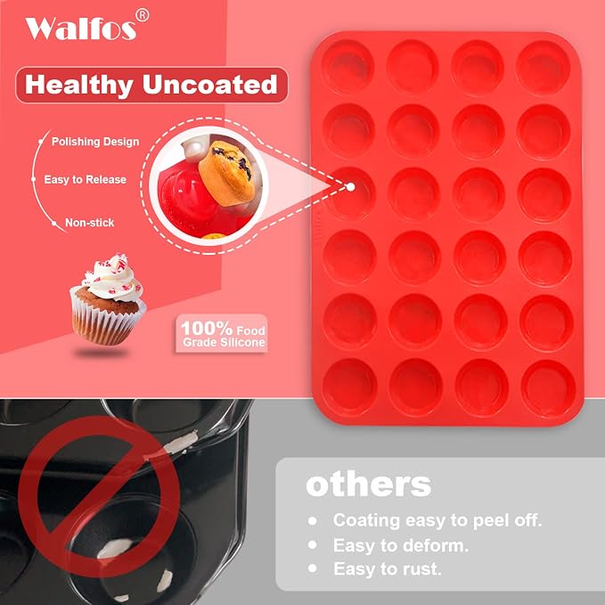 Walfos Mini Silicone Muffin Pan - 24 Cups, BPA Free and Dishwasher Safe, Non-stick Silicone Cupcake Baking Pan, Great for Making Muffin Cakes, Tart, Bread
