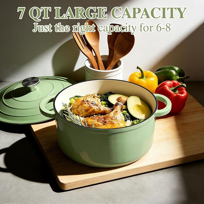 Umite Chef Enameled Cast Iron Dutch Oven-7QT Pot with Lid Cookbook & Cotton, Heavy-Duty Cookware for for Bread Baking, Braising, Stews, Marinate, Cook(Sage Green)