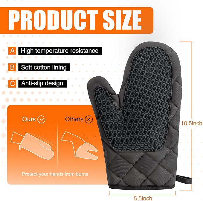 Silicone Oven Mitts, Heat Resistant 2PCS Oven Mitts with Soft Cotton Lining, Waterproof Non-Slip Grip Oven Glove, Kitchen Potholder Mits for BBQ, Baking, Cooking, 10.5Inch - Dark Black