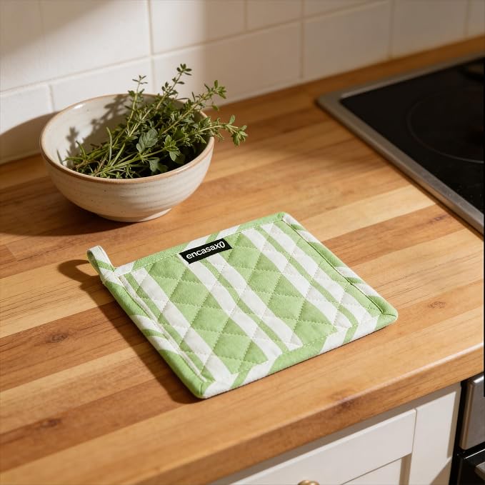 Encasa XO Pot Holders, Quilted Kitchen Hot Pads 8"x8" Franca Lime Stripes | 100% Eco-Friendly Cotton | Thick Cotton Padding Insulation | Convenient Hanging Loop | Set of 2