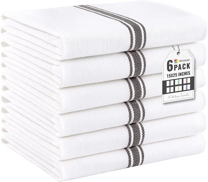 Homaxy 100% Ring Spun Cotton Kitchen Towels 6 Pack, Black Stripe | 15 x 25 Inch, Highly Absorbent Dish Towels for Kitchen Drying, Reusable Cleaning Cloths, Soft Tea Towels with Hanging Loop