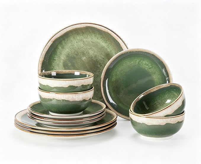 Sweejar 12 Pieces Ceramic Dinnerware Sets for 4, Moss Green | Gradient Glaze Plates and Bowls Set, Microwave & Dishwasher Safe, Stackable Dish Set, Scratch Resistant Dishware Sets