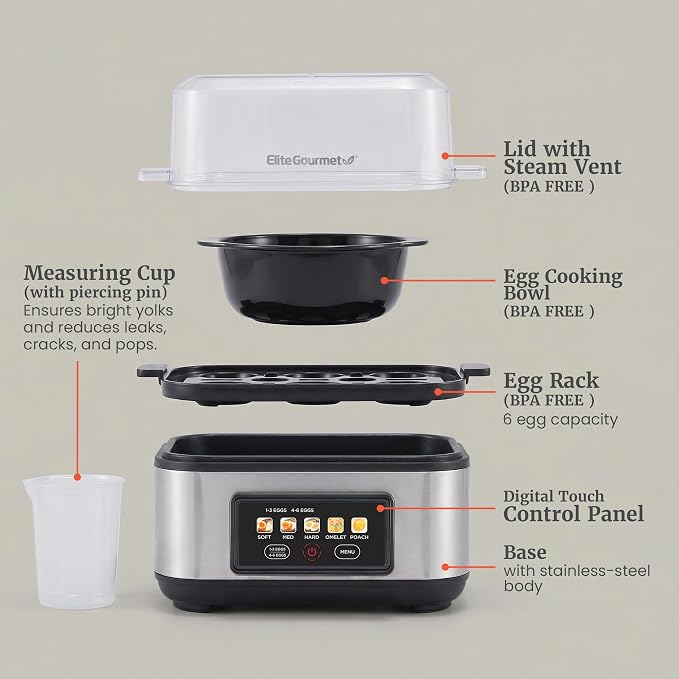 Elite Gourmet Digital Egg Cooker, 6-Egg, Steel Heating Plate & Housing | One-touch graphic display cooks soft, medium, or hard-boiled eggs plus poached eggs and omelets - auto shut-off feature