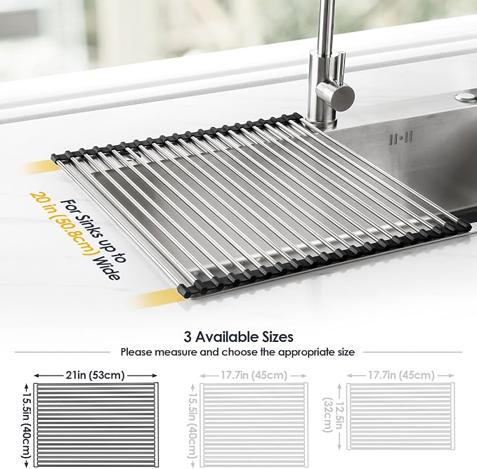 Tomorotec Roll Up Dish Drying Rack Over Sink, 304 Steel, 21x15.5, Black | Anti-Slip Silicone Rims For Grip, Heat-Resistant Trivet Mat Holding Heavy Cookware, Rustproof Kitchen Counter Space Saver