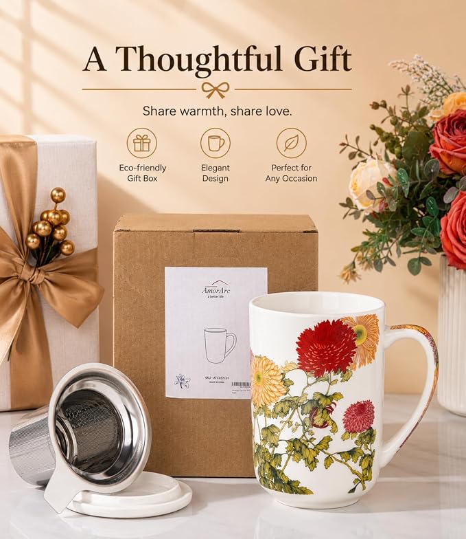 AmorArc Tea Cup With Infuser and Lid, 18oz Loose Leaf Tea Mug With Steeper | Porcelain Tea Mug With Infuser and Lid, Large Strainer Tea Cup with Lid for Tea, Coffee Mug for House-warming Birthday Gift