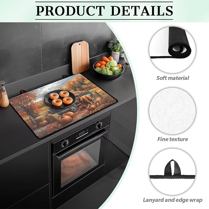Cattle Pumpkin Cat Stove Top Covers for Electric Stove, Heart Resistant Dish Drying Mat for Kitchen, Non-Slip Dust-proof Mat for Glass Stove Top, Thanksgiving Decorations