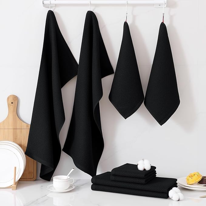 Homaxy 12 Pack 100% Cotton Kitchen Towels and Dishcloths Set, Black | 12 x 12 Inches and 13 x 28 Inches Kitchen Towels Set, Ultra Soft Absorbent Dish Cloths for Washing Dishes