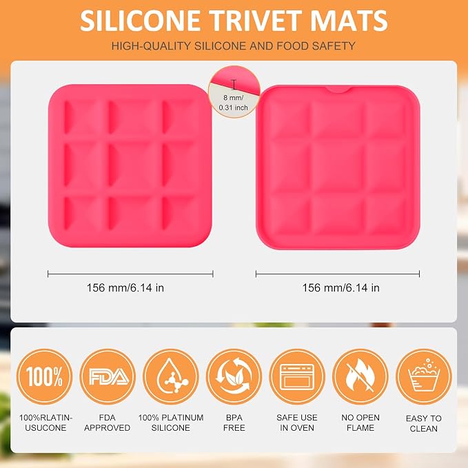 Silicone Trivets for Hot Pots and Pans, Pot Holders Hot Pads 6 Pack Silicone Mats for Kitchen Counter, Soft Durable Drying Mat, Jar Opener and Coasters (Pink)