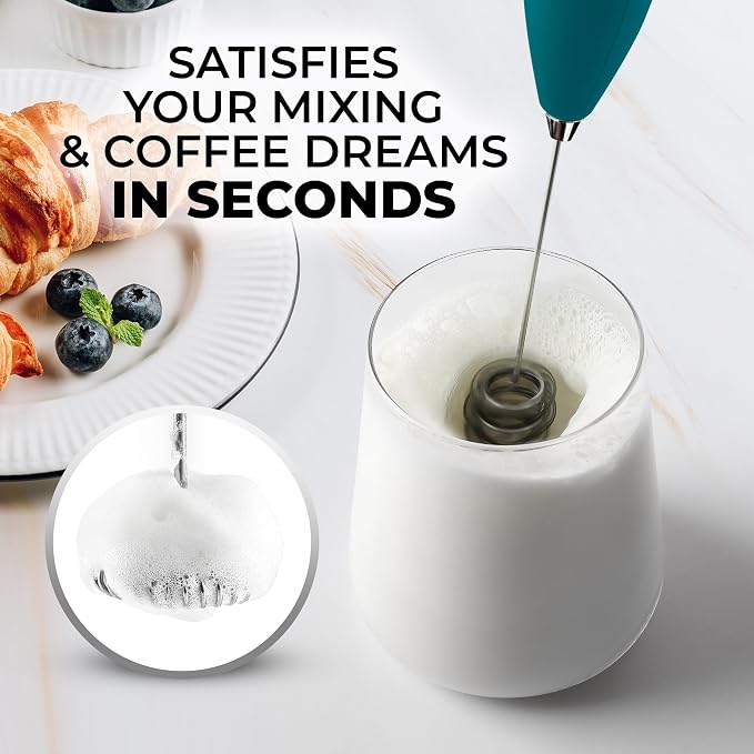 Zulay Kitchen Powerful Milk Frother Wand With Duracell Batteries - Ultra Fast Handheld Drink Mixer - Electric Whisk Foam Maker for Coffee, Lattes, Cappuccino & Matcha - Triple Whisk - Reign Emerald