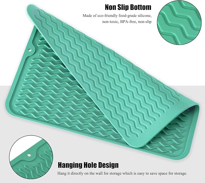 Silicone Dish Drying Mat, Non-Slip Easy Clean Sink Mat, Green, 18" x 16" | Quick-Dry Ridges, Large Heat-resistant Dish Drainer Mat for Kitchen Counter, Hangable & Roll-Up for Storage, Dishwasher Safe