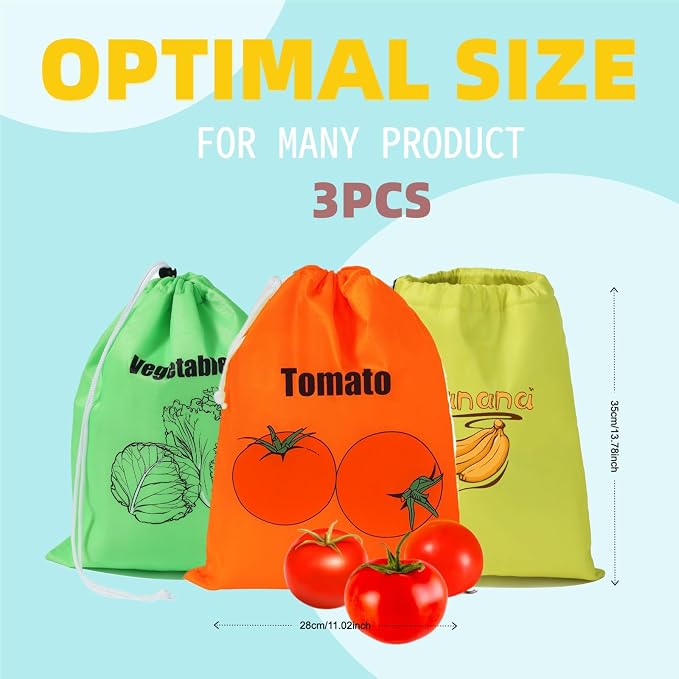 Small Mesh Drawstring Produce Bags 3 Pack | 5 Bonus Films, Washable Reusable, Refrigerator Storage, Eco-Friendly