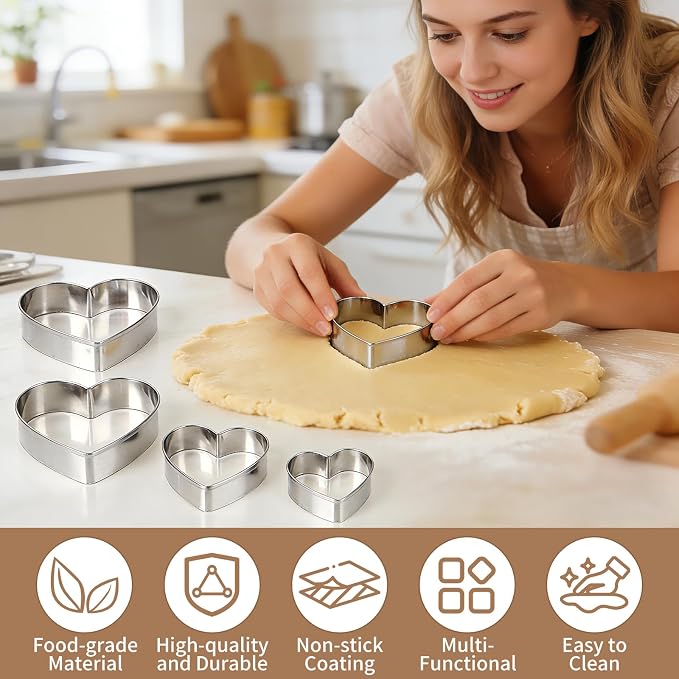 5 Pcs Heart Cookie Cutter,Heart Shaped Cookie Cutters for Baking | Stainless Steel Biscuit Cutters for Valentine's Day Birthday, Wedding,Holiday,Party