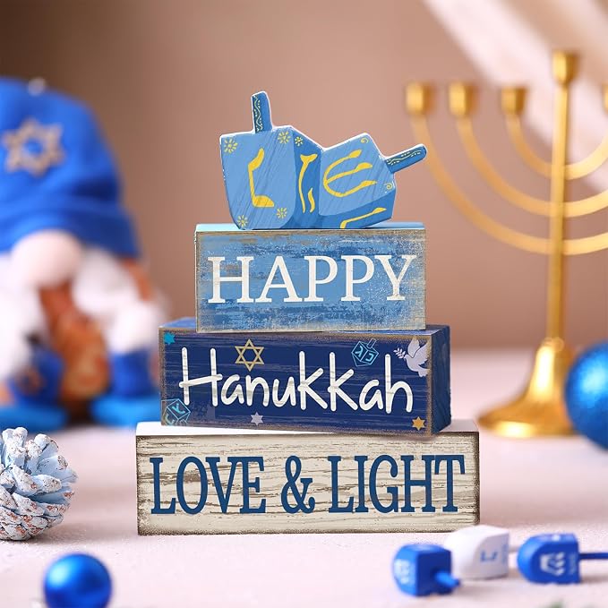 Lineshading 4 Pcs Wooden Hanukkah Decor Farmhouse Blocks with Dreidel | Tiered Tray Display, Rustic Tabletop Signs with HAPPY LOVE LIGHT Text, Home Shelf Decorations, Jewish Holiday Gift