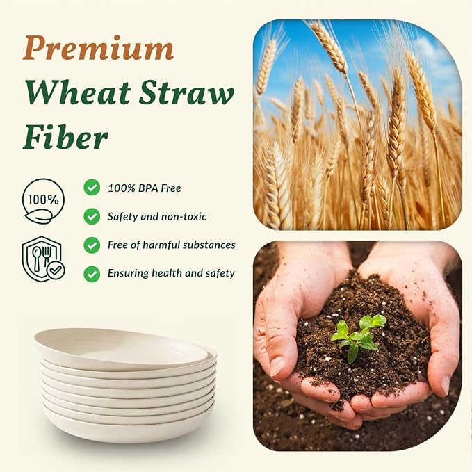 Plastic Dinner Plates, Wheat Straw Plates 11 Inch, Lightweight Unbreakable Plates Set of 8, Microwave Safe Plates, Deep Plates for Dinner - Beige