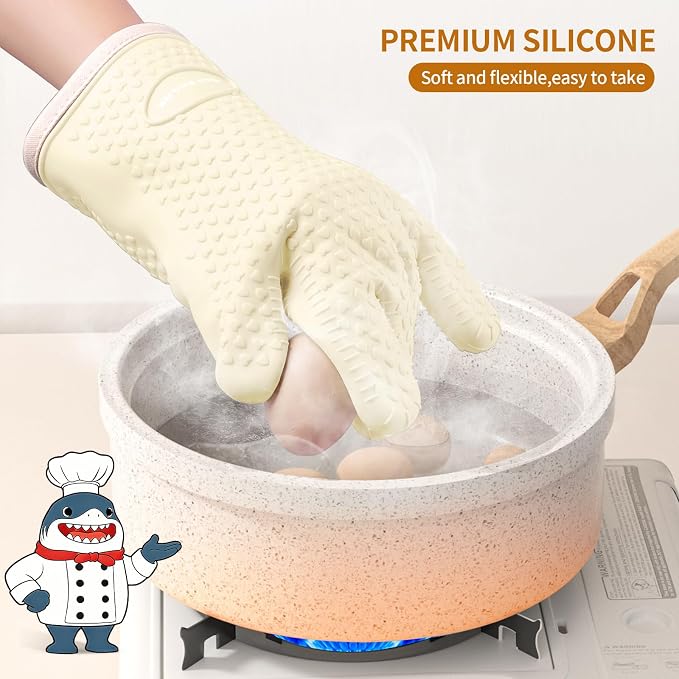 MAD SHARK Silicone Oven Mitts with Fingers Heat Resistant 450°F in Kitchen | Waterproof & Non-Slip Oven Gloves,Cotton Lined Silicone Kitchen Mitts for Baking Cooking Barbecue,Women (White)
