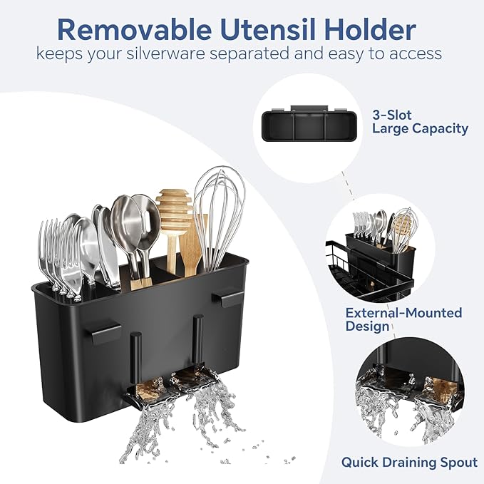 Simple Trending Dish Drying Rack, 2-Tier with Utensil Holder, Black | Stainless Steel Dish Rack for Kitchen Counter, Large Capacity Dish Drainer Organizer, Automatic Drainage, 17"D x 12"W x 15"H