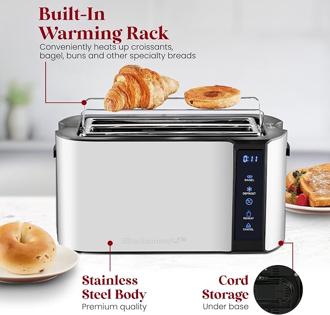 Elite Gourmet ECT5322 4-Slice Long Slot Toaster, Stainless Steel | Bagel, Defrost & Cancel, 6 Toast Settings, Built-In Warming Rack, Extra-Wide Slots Fit Bagels & Waffles - Countdown Timerc
