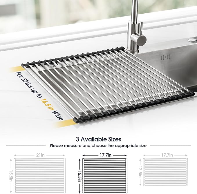 Tomorotec Roll Up Dish Drying Rack Over Sink, 304 Steel, 17.7x15.5, Black | Anti-Slip Silicone Rims For Grip, Heat-Resistant Trivet Mat Holding Heavy Cookware, Rustproof Kitchen Counter Space Saver